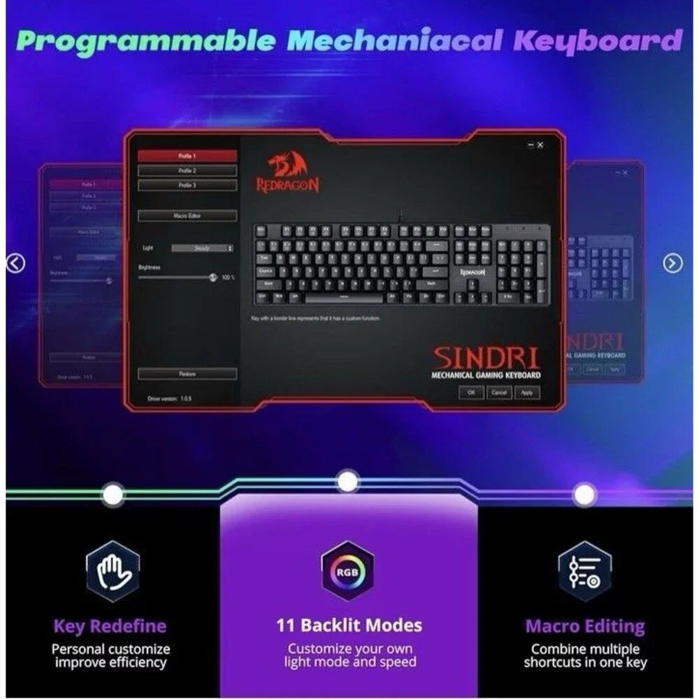 Redragon Mechanical Gaming Keyboard Wired, 11 Programmable Backlit Modes